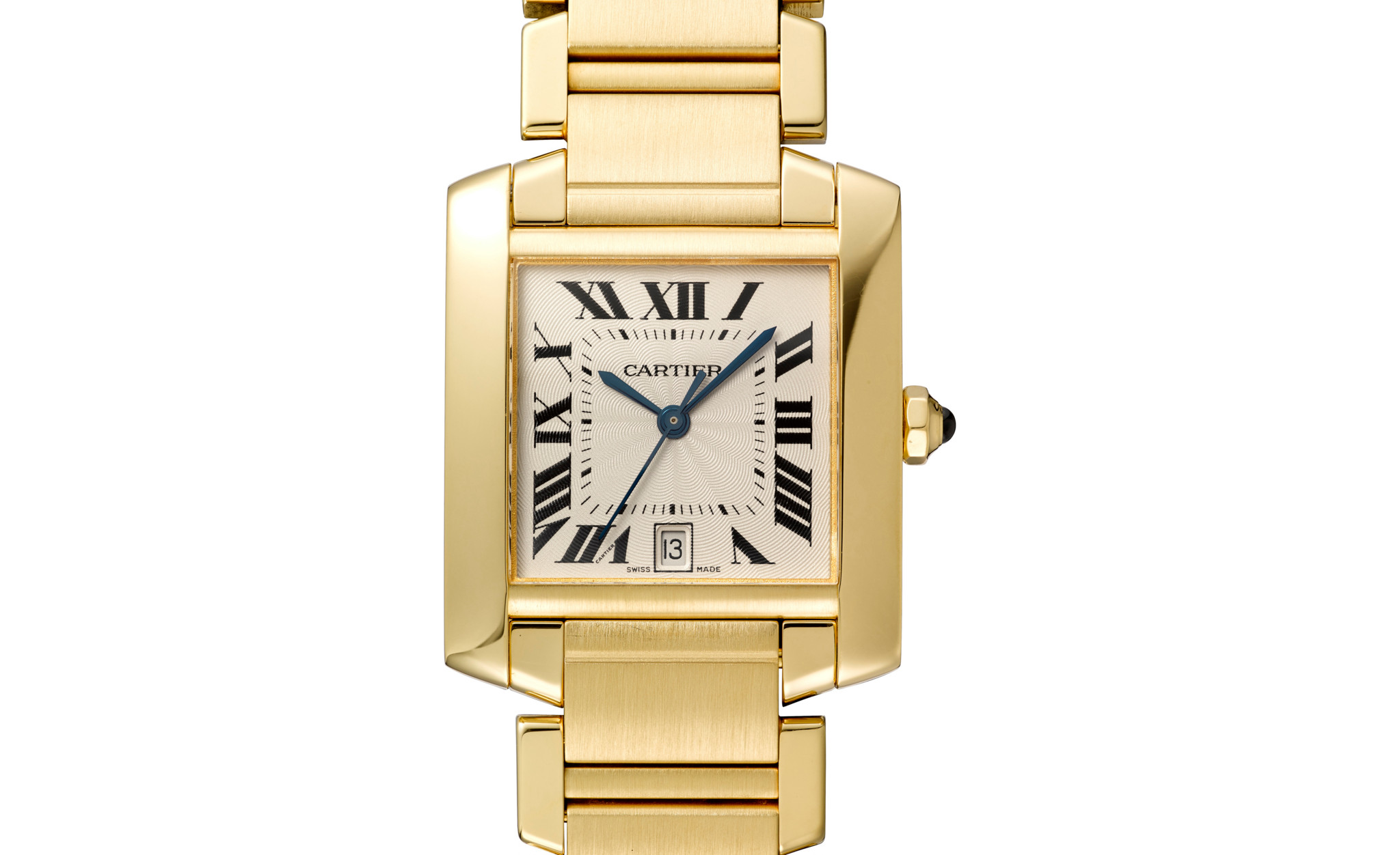 Montre Cartier Tank française en or jaune avec cadran crème, chiffres romains noirs et aiguilles bleues