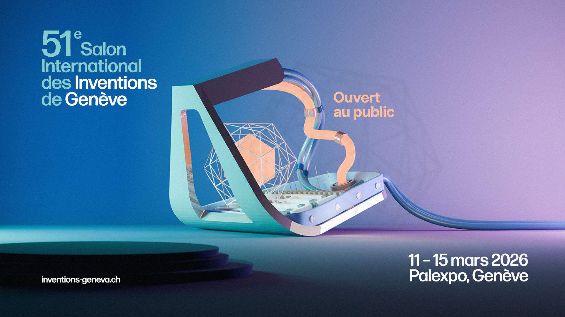 Visuel du 51e Salon International des Inventions de Genève prévu du 11 au 15 mars 2026 au Palexpo, comprenant des éléments géométriques modernes et une invitation ’Ouvert au public’.