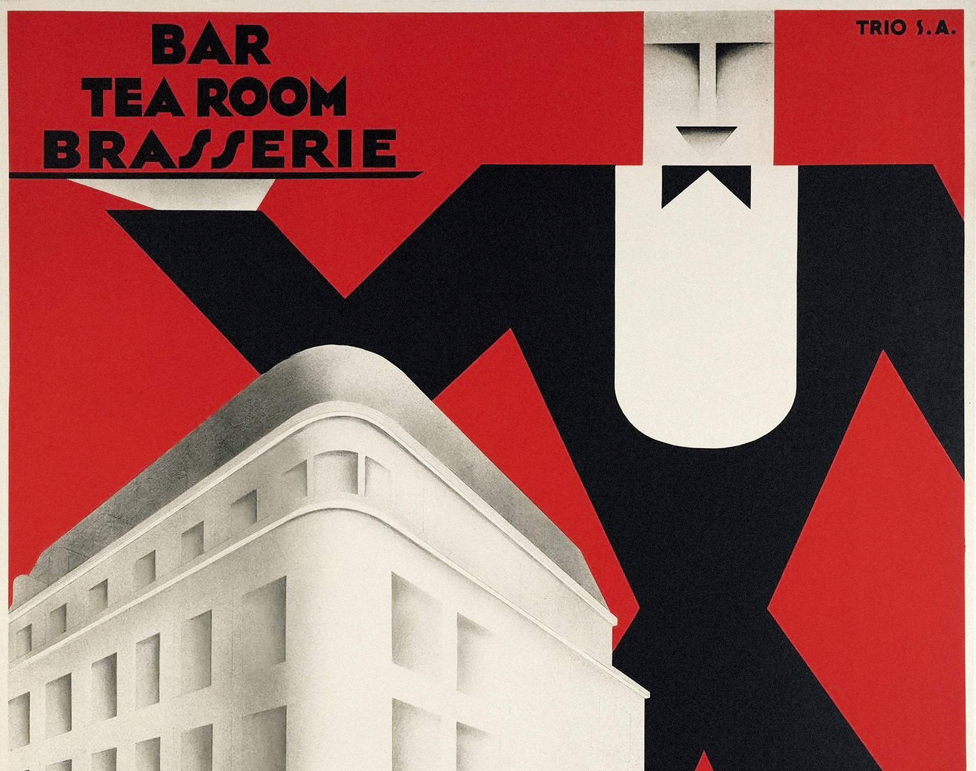 Affiche Art Déco rouge et noire avec un serveur stylisé et un immeuble blanc, texte: «Bar Tea Room Brasserie»