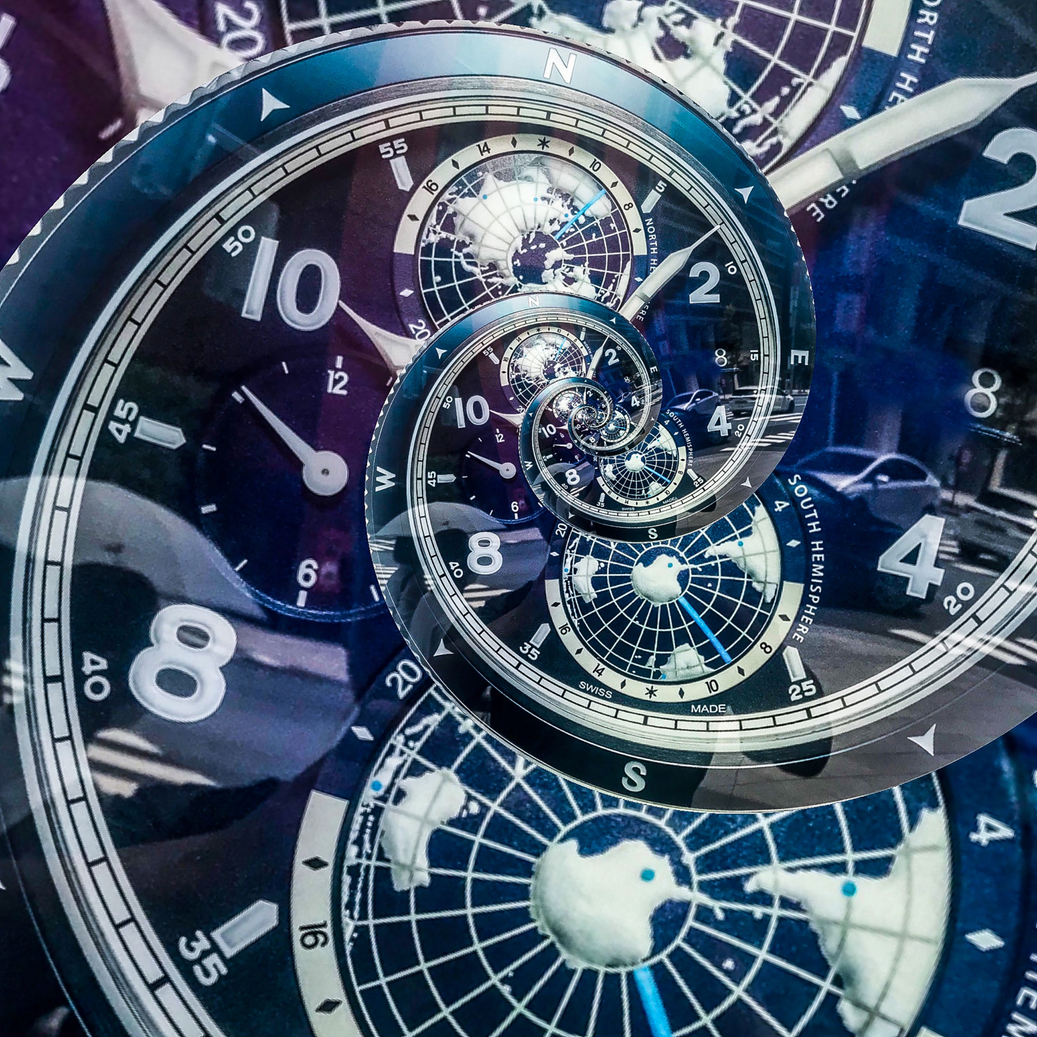 Cadran d’horloge bleu éternel en spirale infinie avec mappemondes et chiffres, créant un effet fractal hypnotique du temps