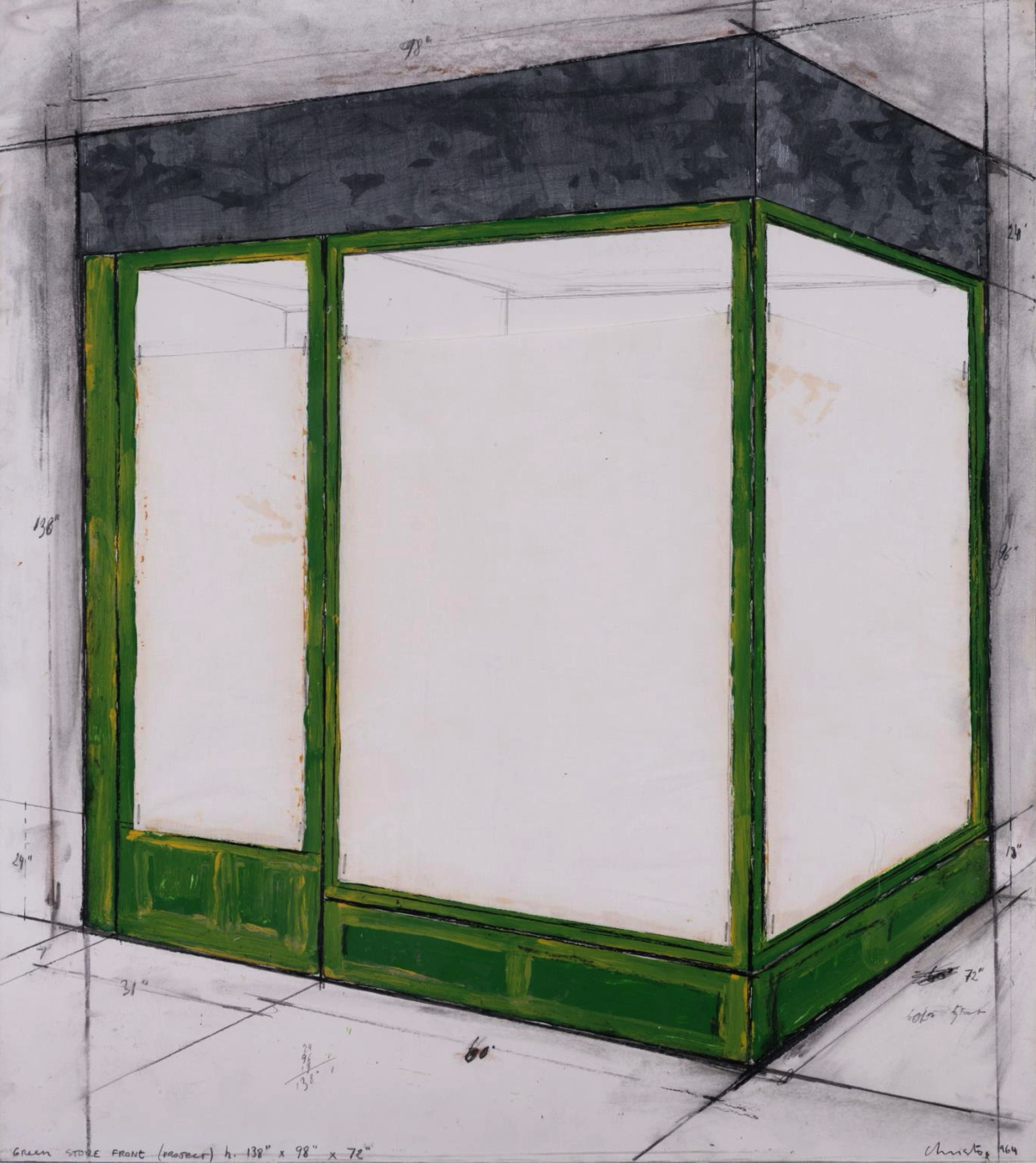 Esquisse architecturale d’une vitrine de magasin avec cadre vert vif, panneaux blancs et toit sombre, avec annotations de dimensions