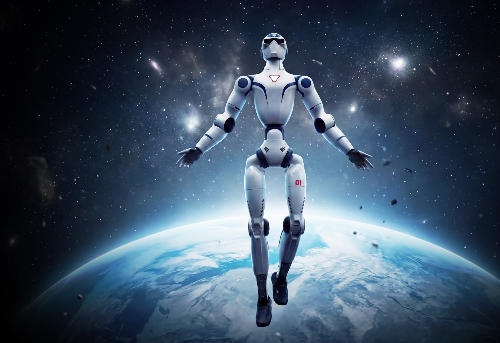 Robot humanoïde blanc flottant dans l’espace au-dessus de la Terre, avec un fond d’étoiles et de galaxies.