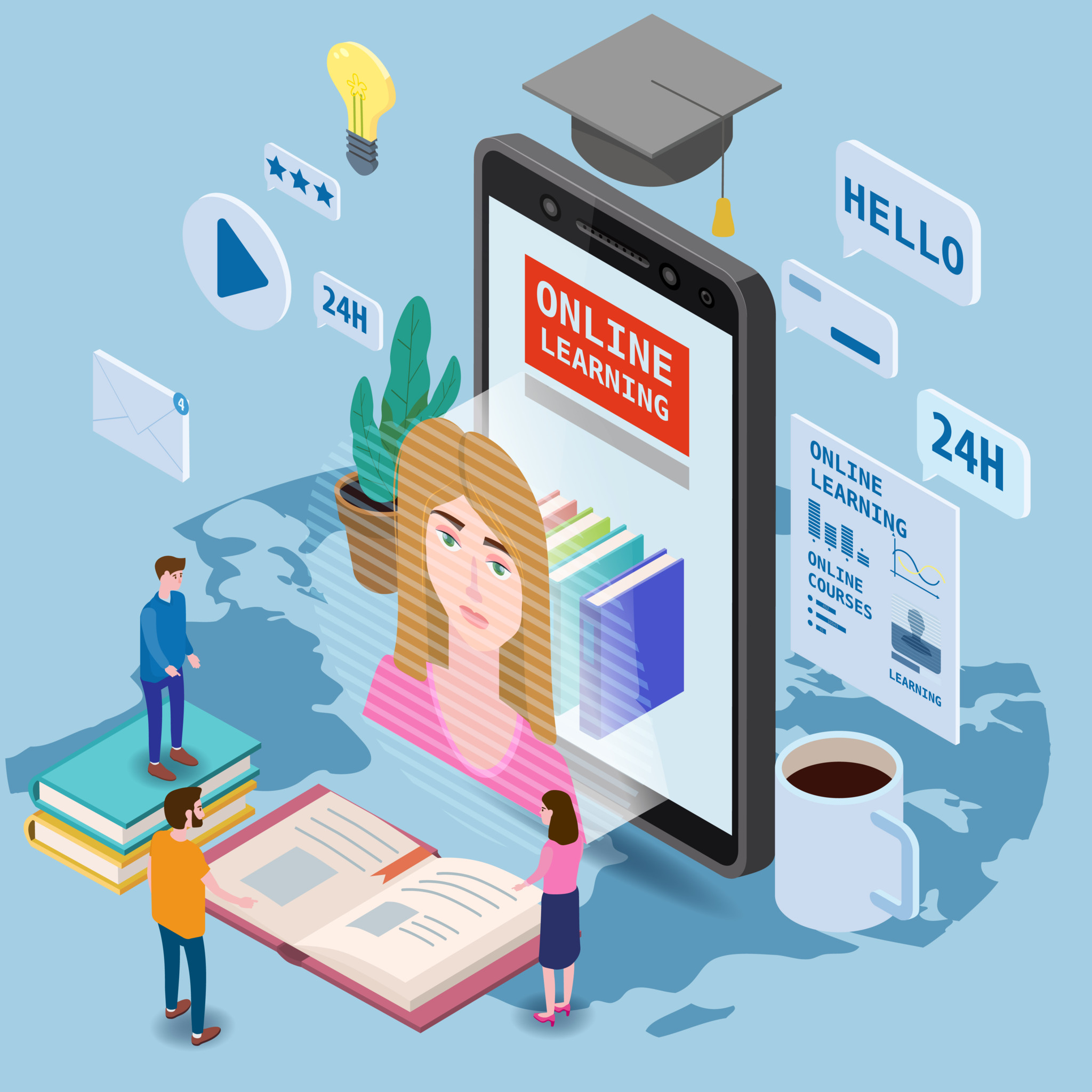 Illustration isométrique d’une plateforme d’apprentissage en ligne avec smartphone, chapeau de diplômé, livres et personnages miniatures suivant des cours 24h/24