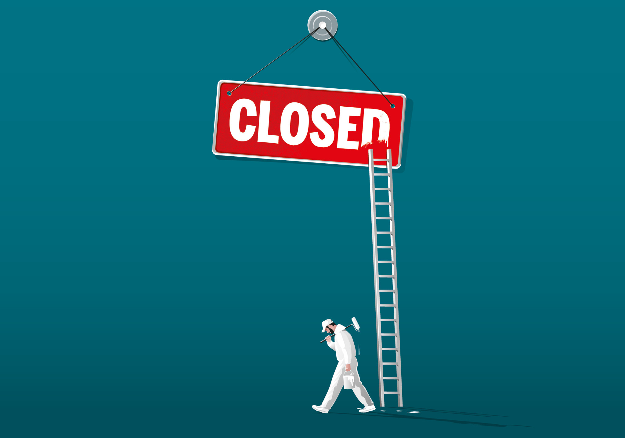 Illustration d’un peintre en blanc posant une échelle contre un panneau rouge «CLOSED» suspendu sur fond bleu-vert.