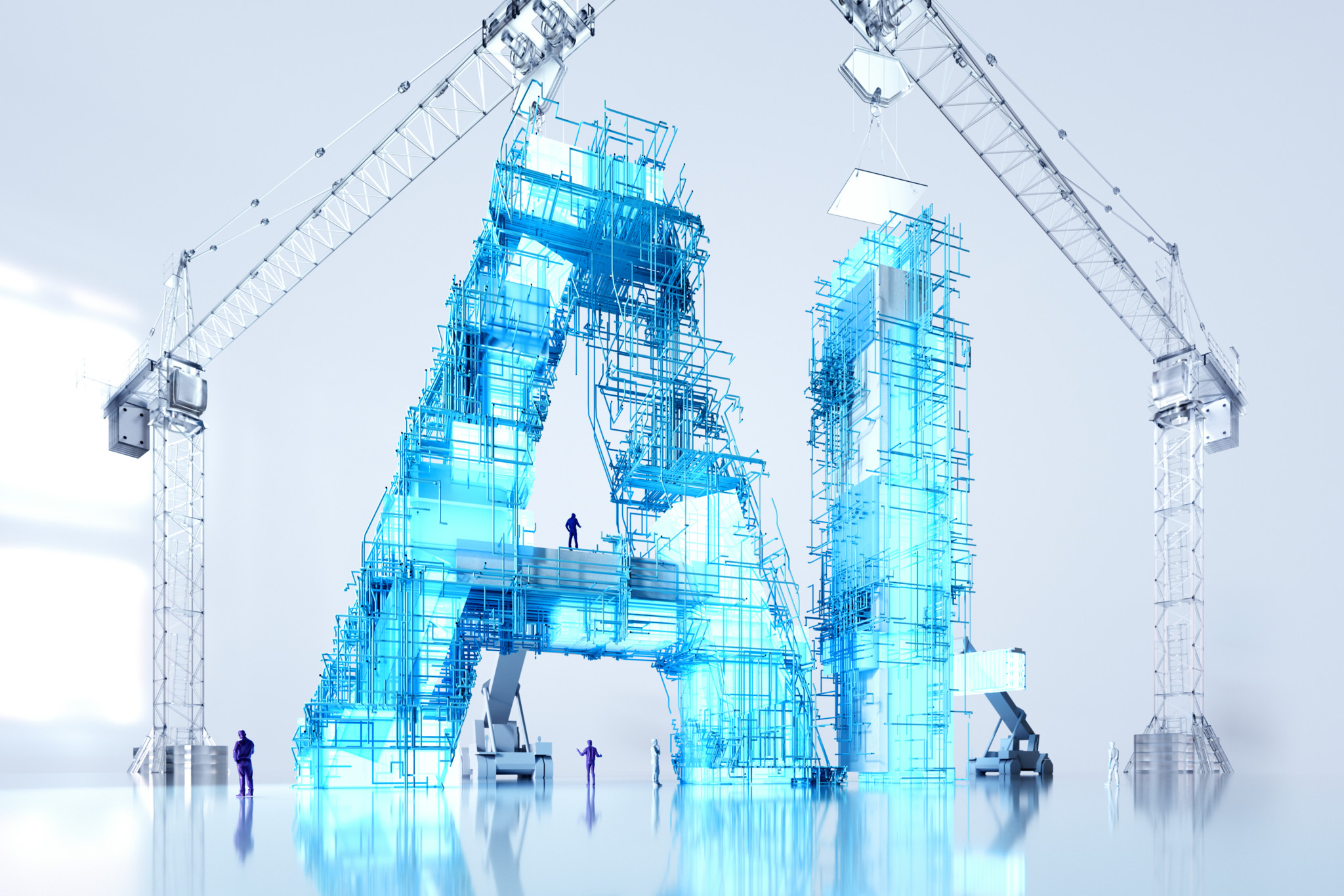 Illustration numérique de grues et ouvriers construisant un immense panneau lumineux « AI » en échafaudages bleus sur fond blanc.