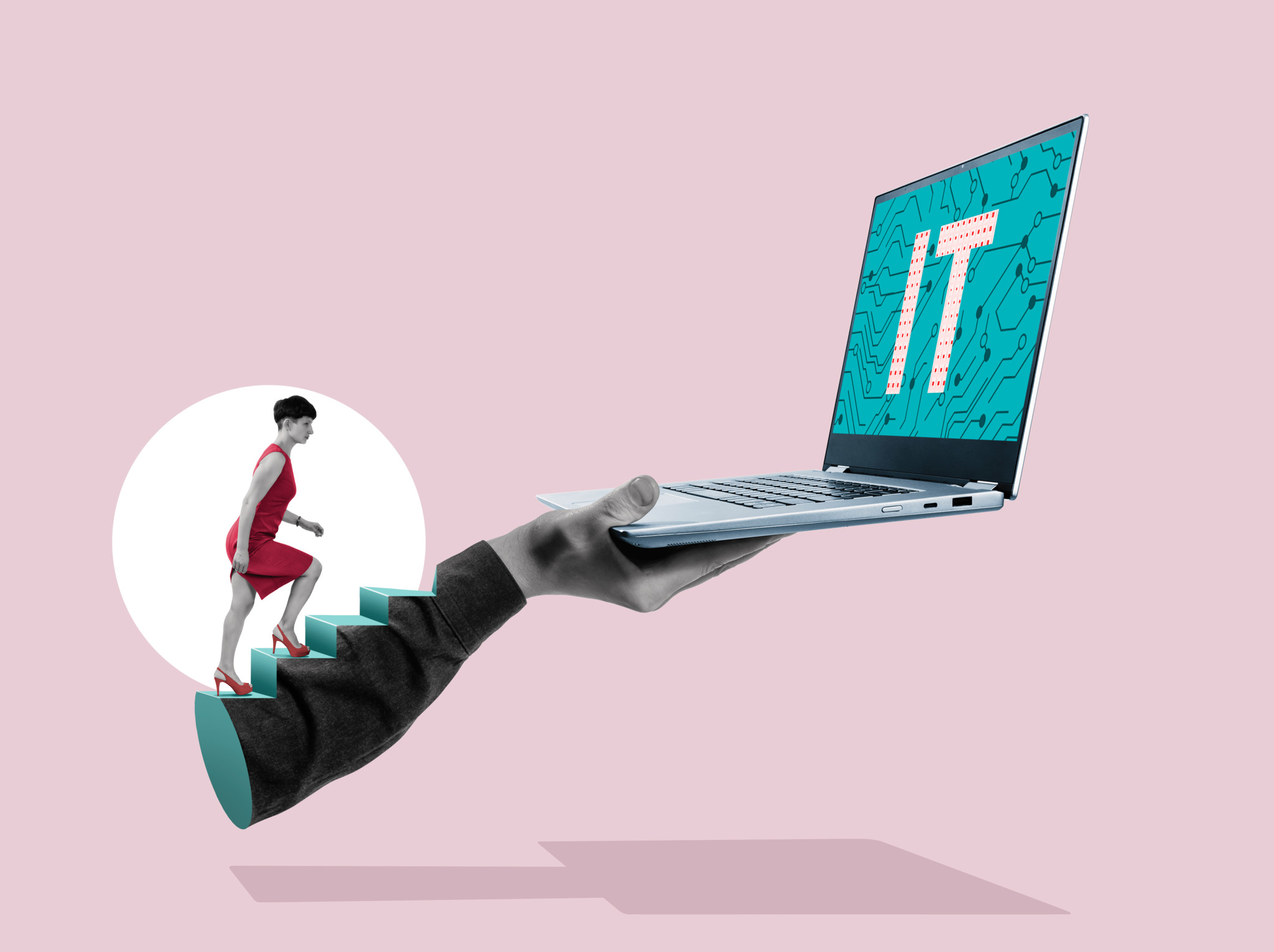 Collage représentant une main tenant un ordinateur portable avec le mot ’IT’ sur l’écran. Une femme monte des marches dans une bulle à gauche, symbole de l’éducation et du travail en technologie informatique.