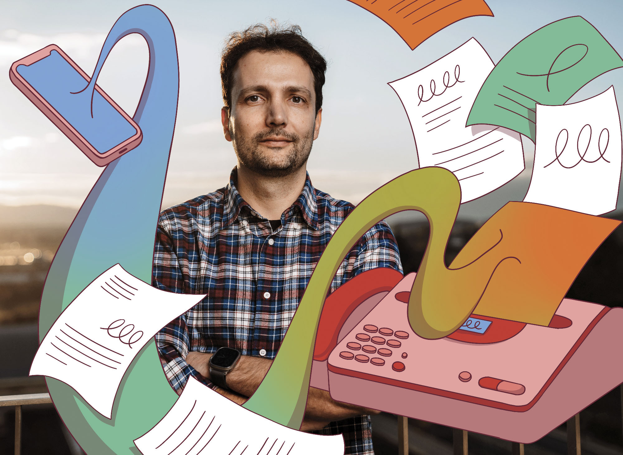 Homme aux bras croisés entouré d’illustrations colorées de documents volants, d’un téléphone et d’un fax