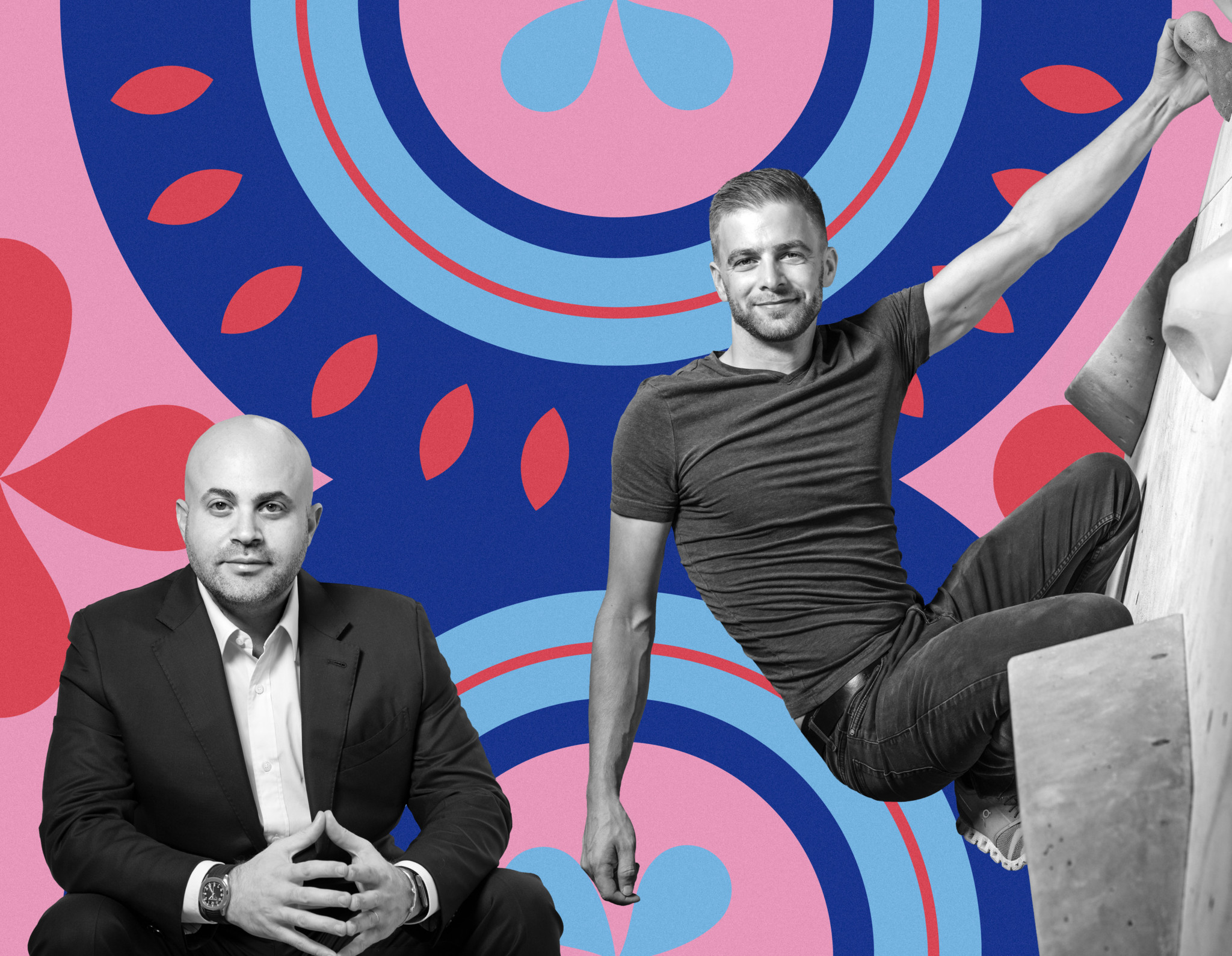Arthur Veenhuys, co-fondateur de Totem Escalade | Yoga | Bar à Ecublens, en plein saut devant un fond graphique coloré rose et bleu.