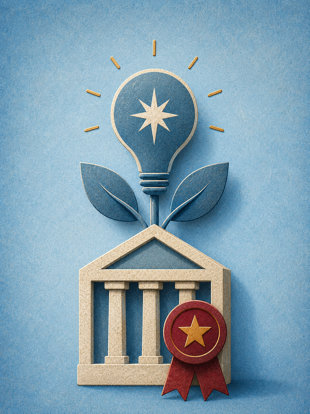 Illustration en papier découpé d’un bâtiment institutionnel surmonté d’une ampoule et de feuilles, avec une médaille rouge et or.