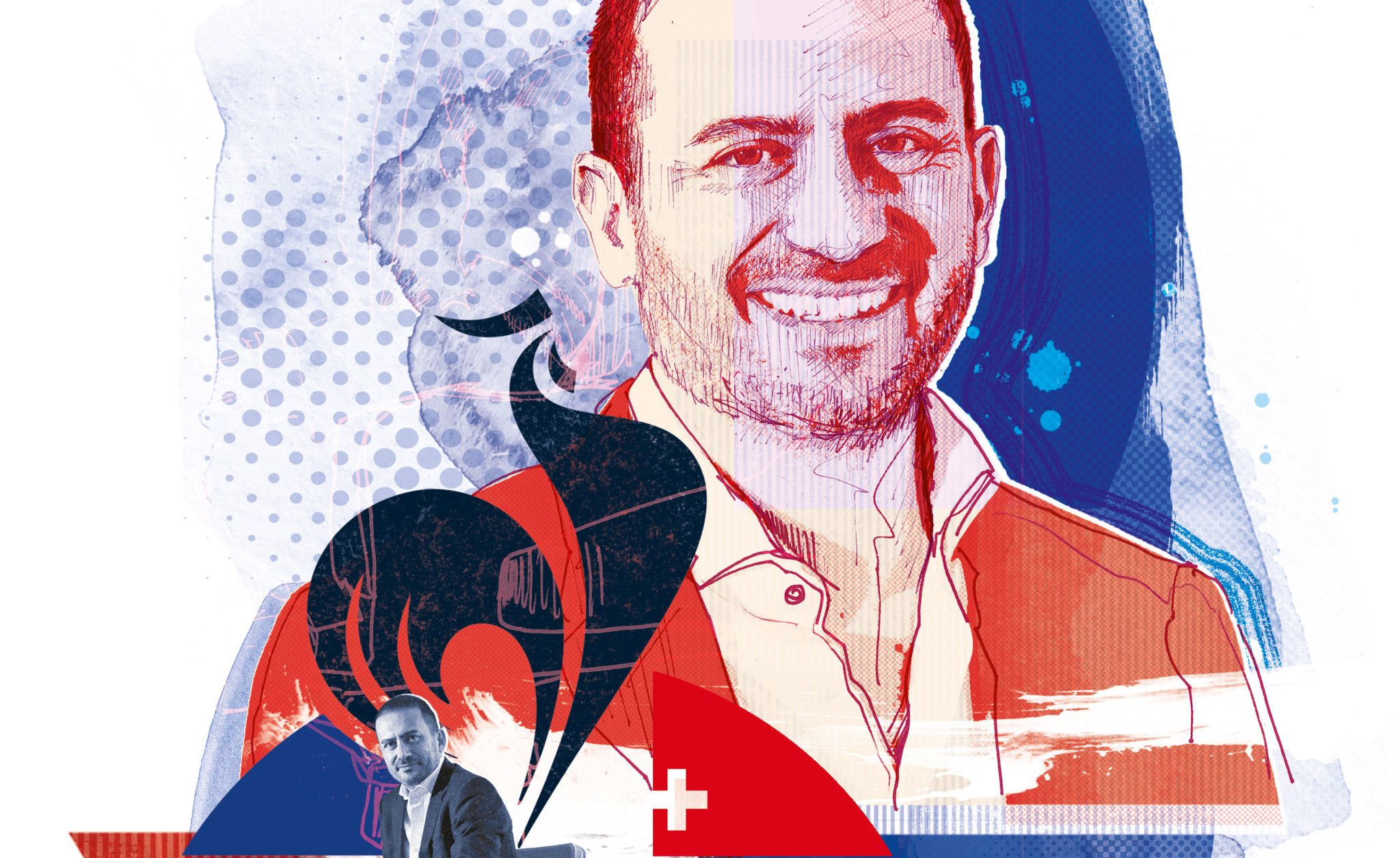 Illustration stylisée en rouge et bleu d’un homme souriant, avec une croix suisse et un portrait plus petit en arrière-plan.