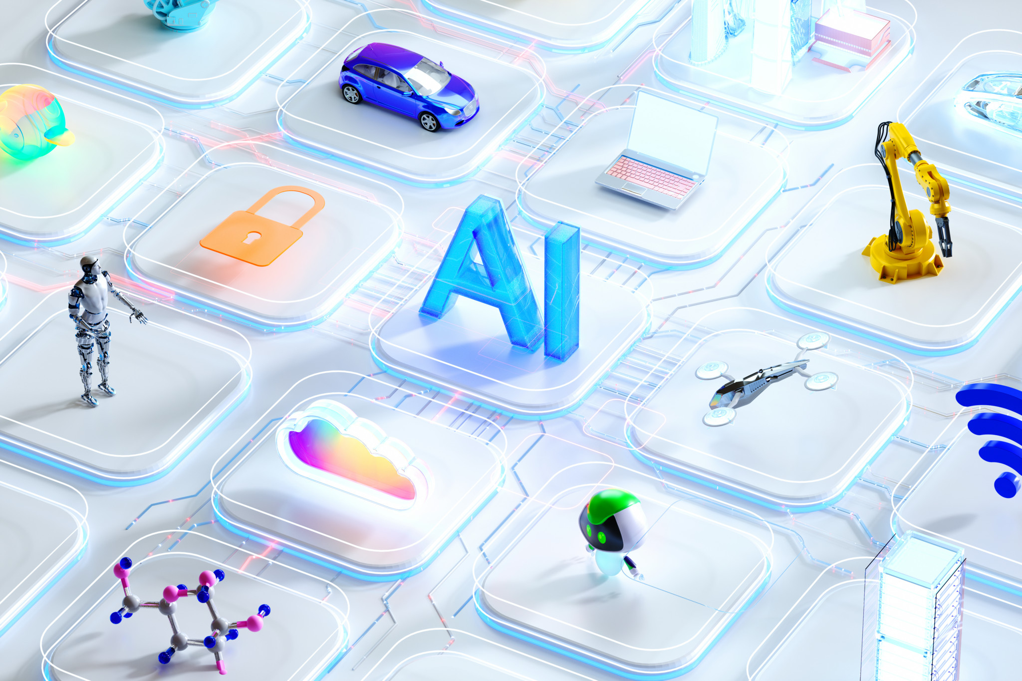 Illustration numérique du logo ’AI’ entouré d’objets connectés sur des cubes: robot, voiture, bras industriel, molécule, ordinateur portable.