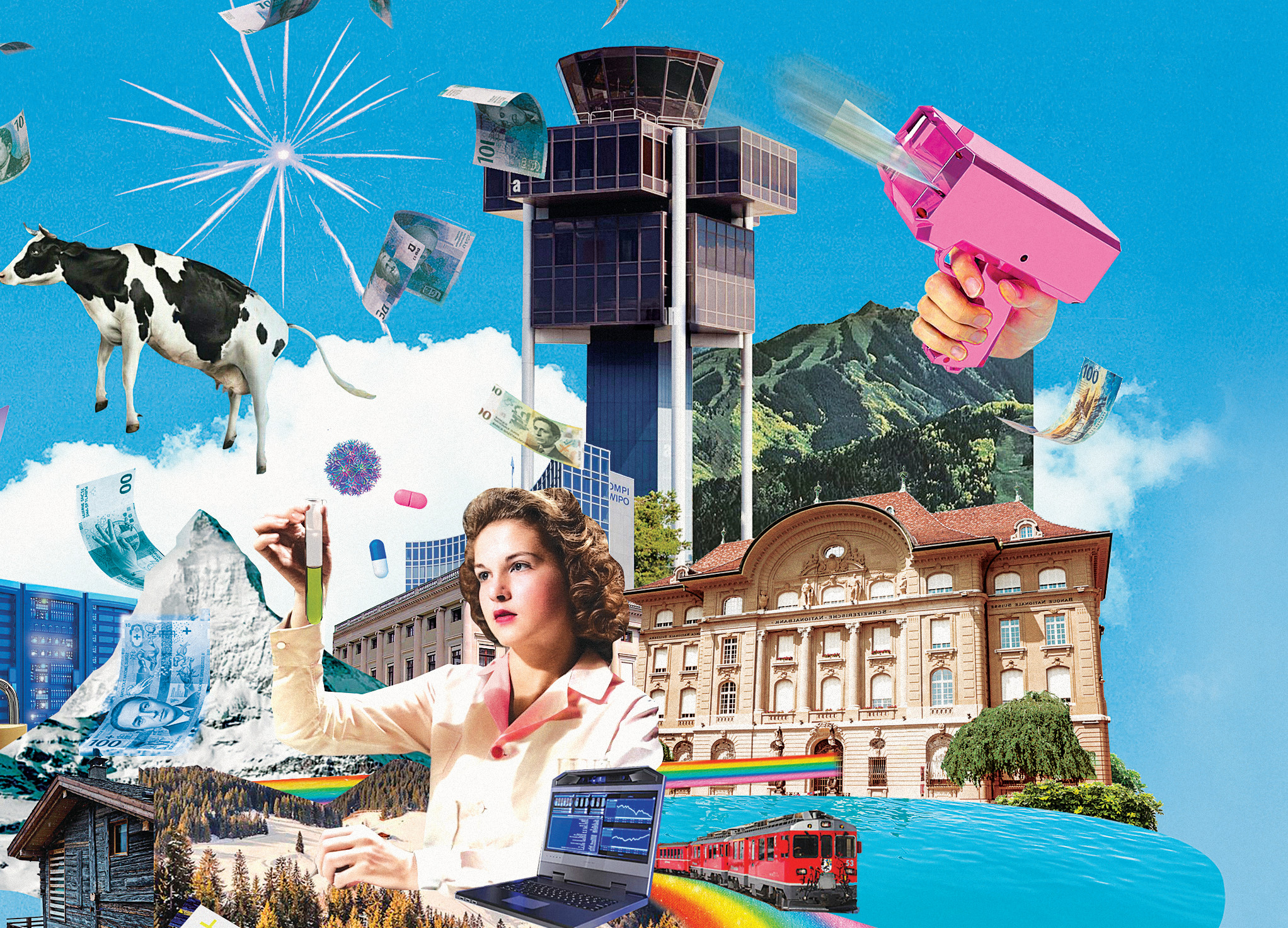 Collage coloré avec une femme travaillant sur un ordinateur, une vache, des billets de banque, une tour de contrôle, un pistolet rose et un bâtiment classique suisse.