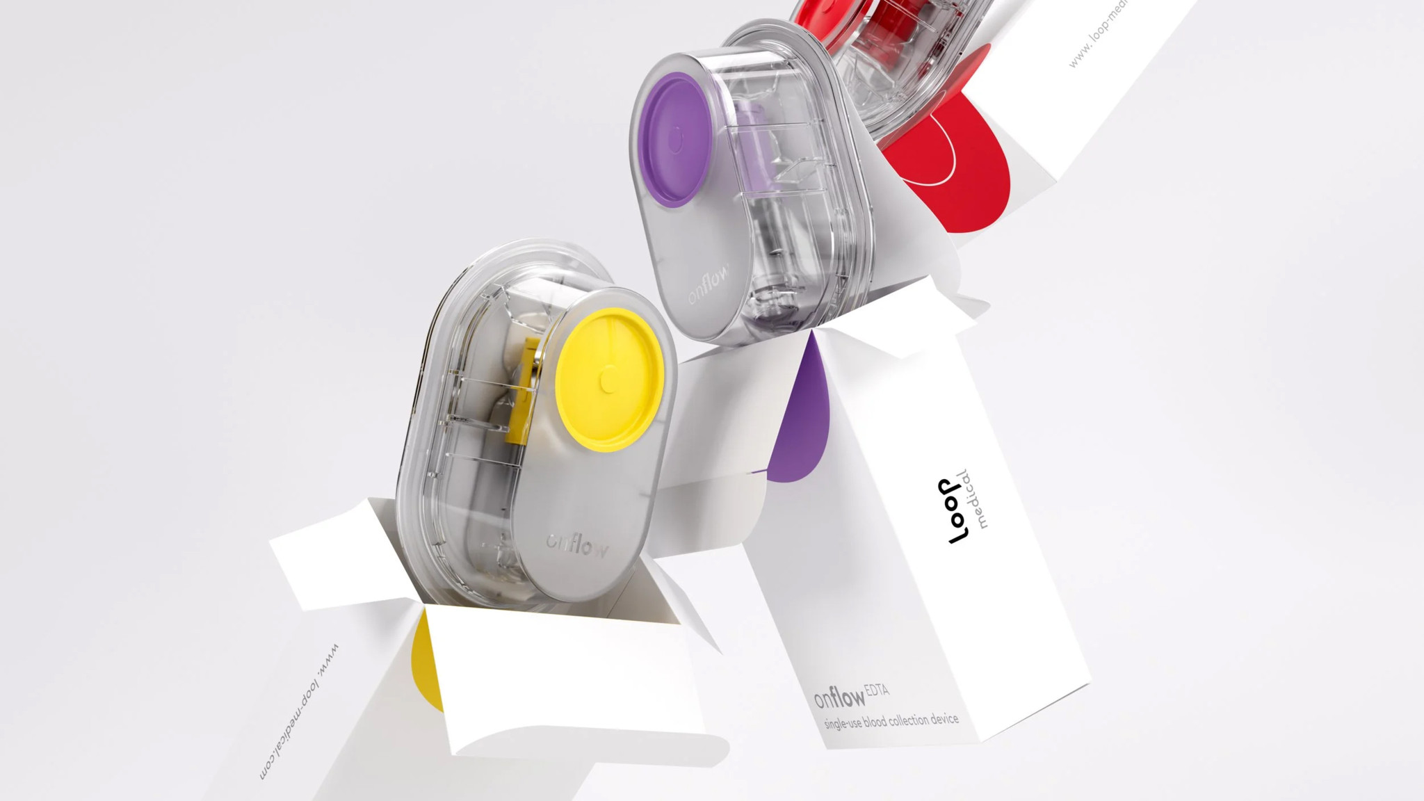 Dispositifs médicaux de collecte de sang Loop dans des boîtes blanches, avec des boutons colorés jaune, violet et rouge