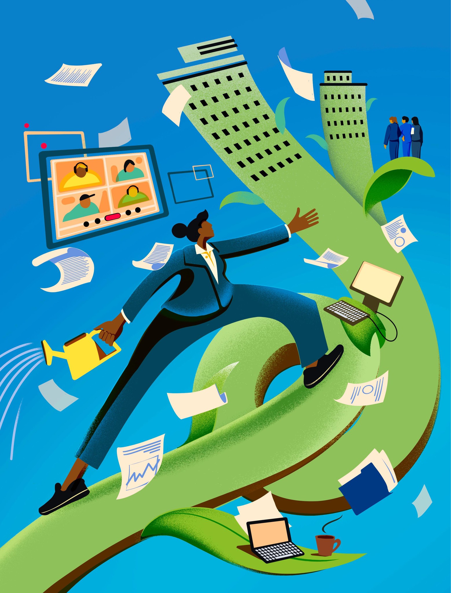 Illustration d'une personne arrosant une plante géante qui enveloppe des bureaux et des écrans d'ordinateur, symbolisant la croissance professionnelle et le télétravail.