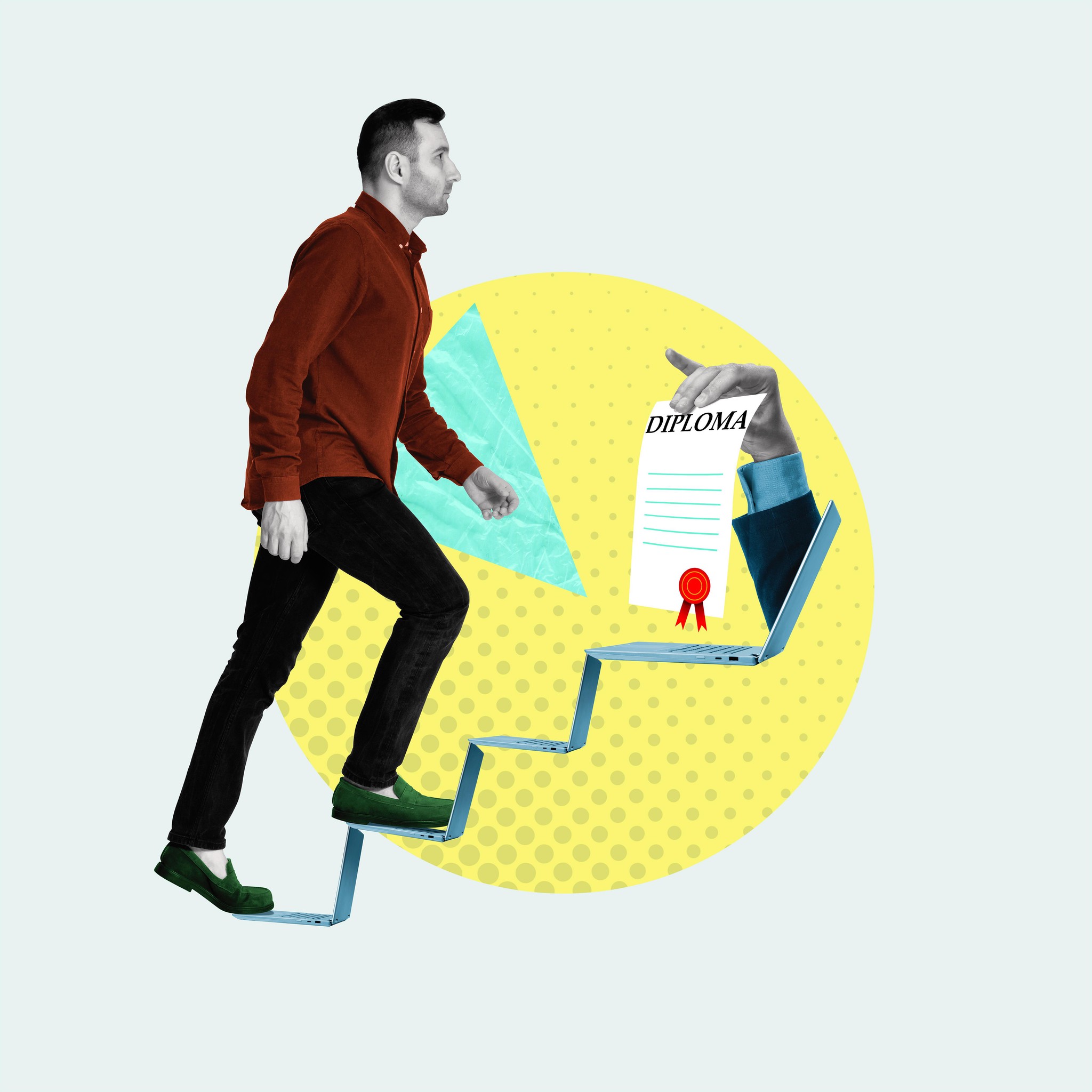 Un homme monte des marches pour atteindre un diplôme dans un collage artistique.