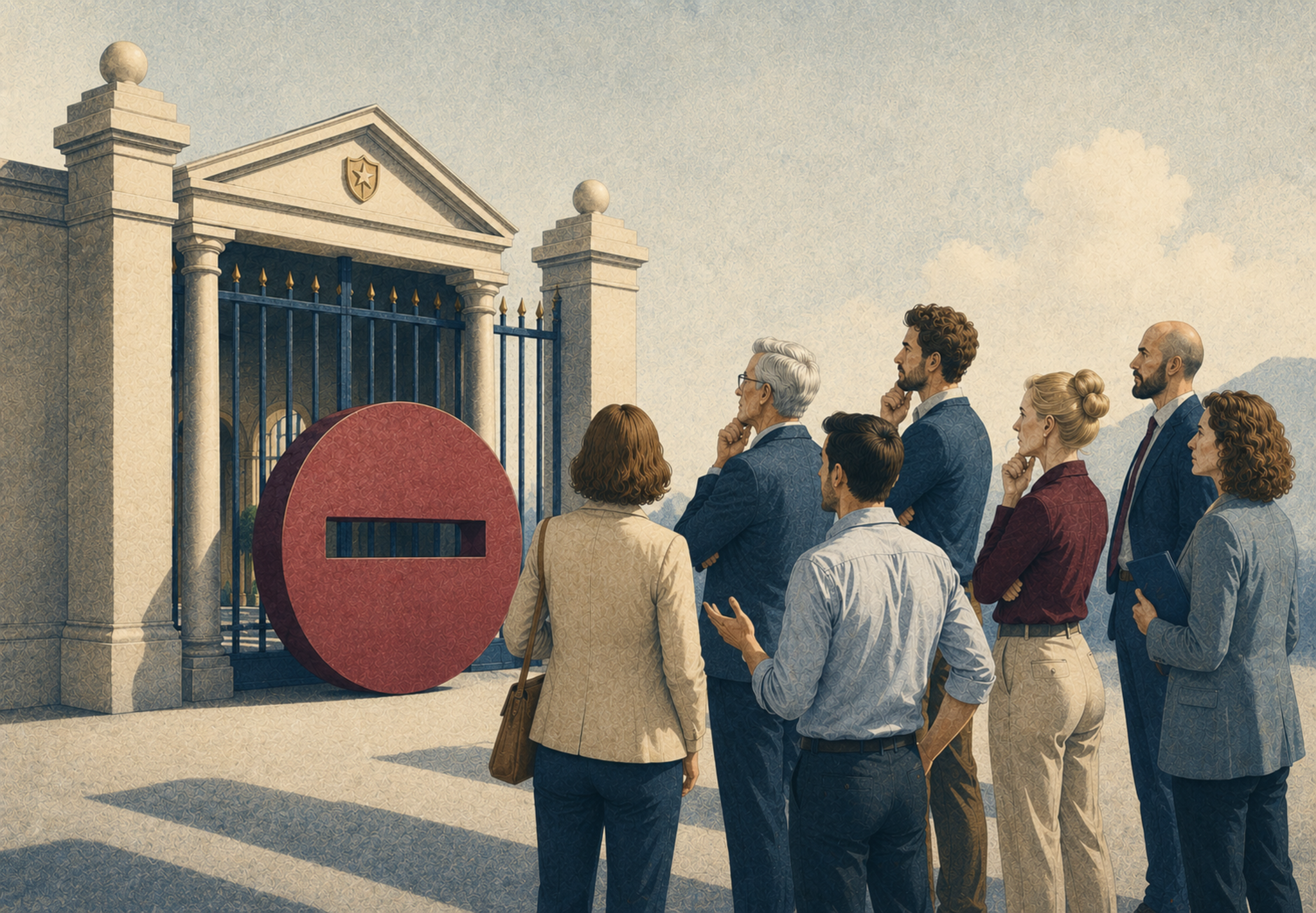 Un groupe de personnes en tenue professionnelle observe un grand panneau rouge rond bloquant l’entrée d’un portail institutionnel.
