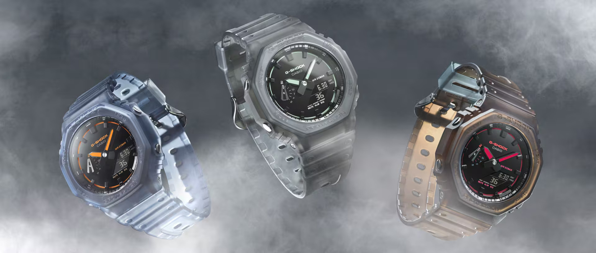 Trois montres-bracelets numériques avec des écrans lumineux, flottant dans un fond nuageux.