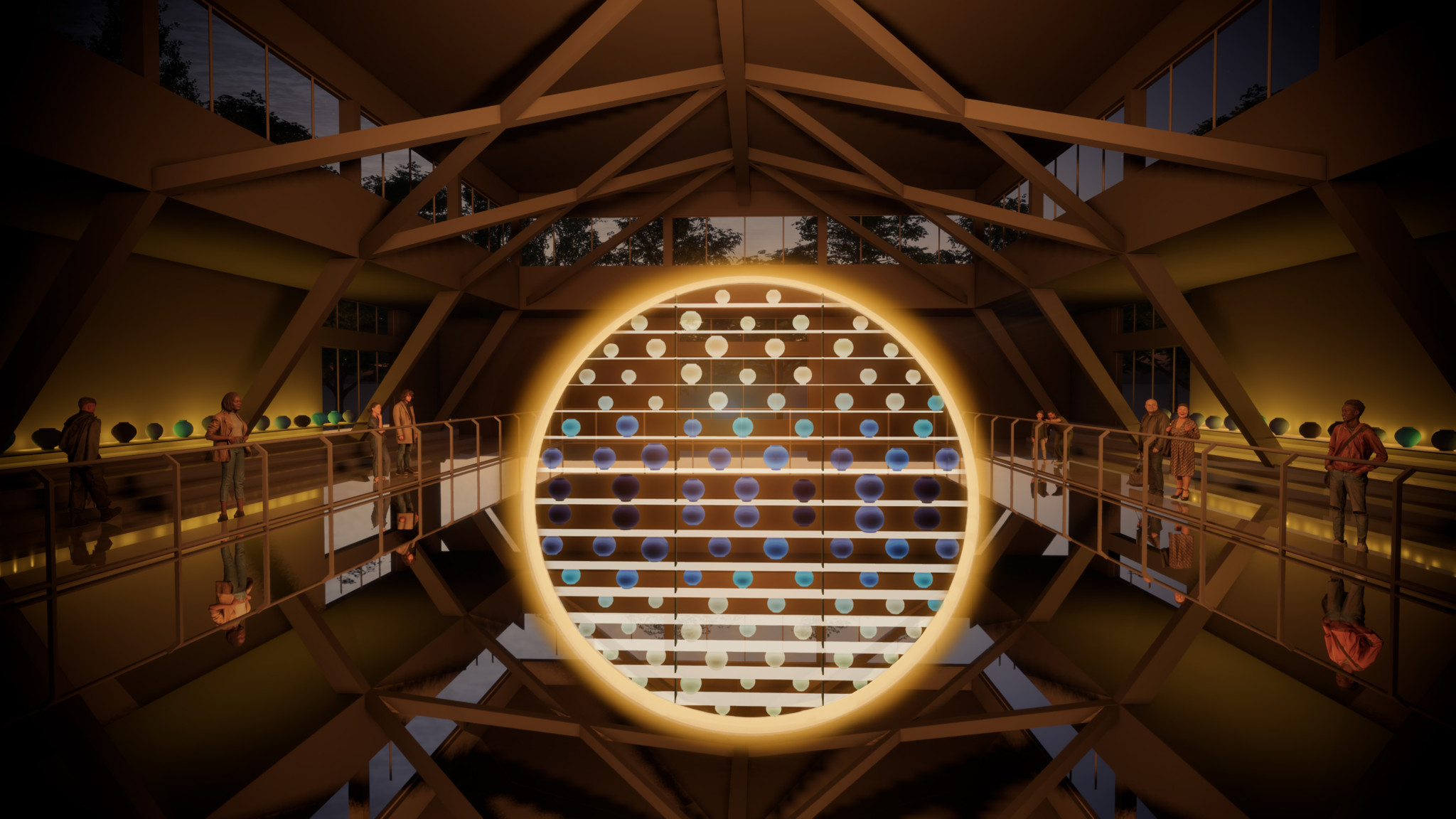 Rendu architectural d’un espace intérieur en bois avec une grande structure circulaire lumineuse ornée de sphères colorées, entourée de passerelles.