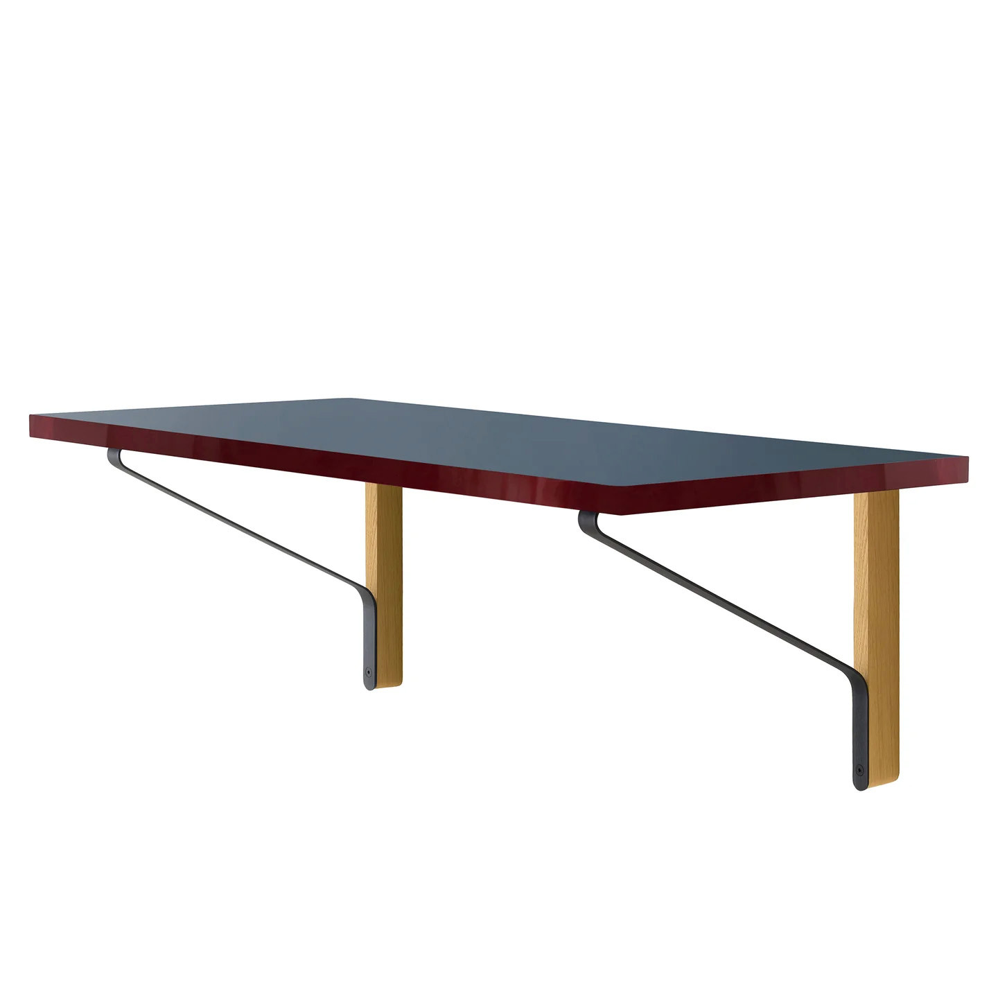 Étagère murale design avec plateau noir, bords bordeaux et supports en bois naturel avec structure métallique noire