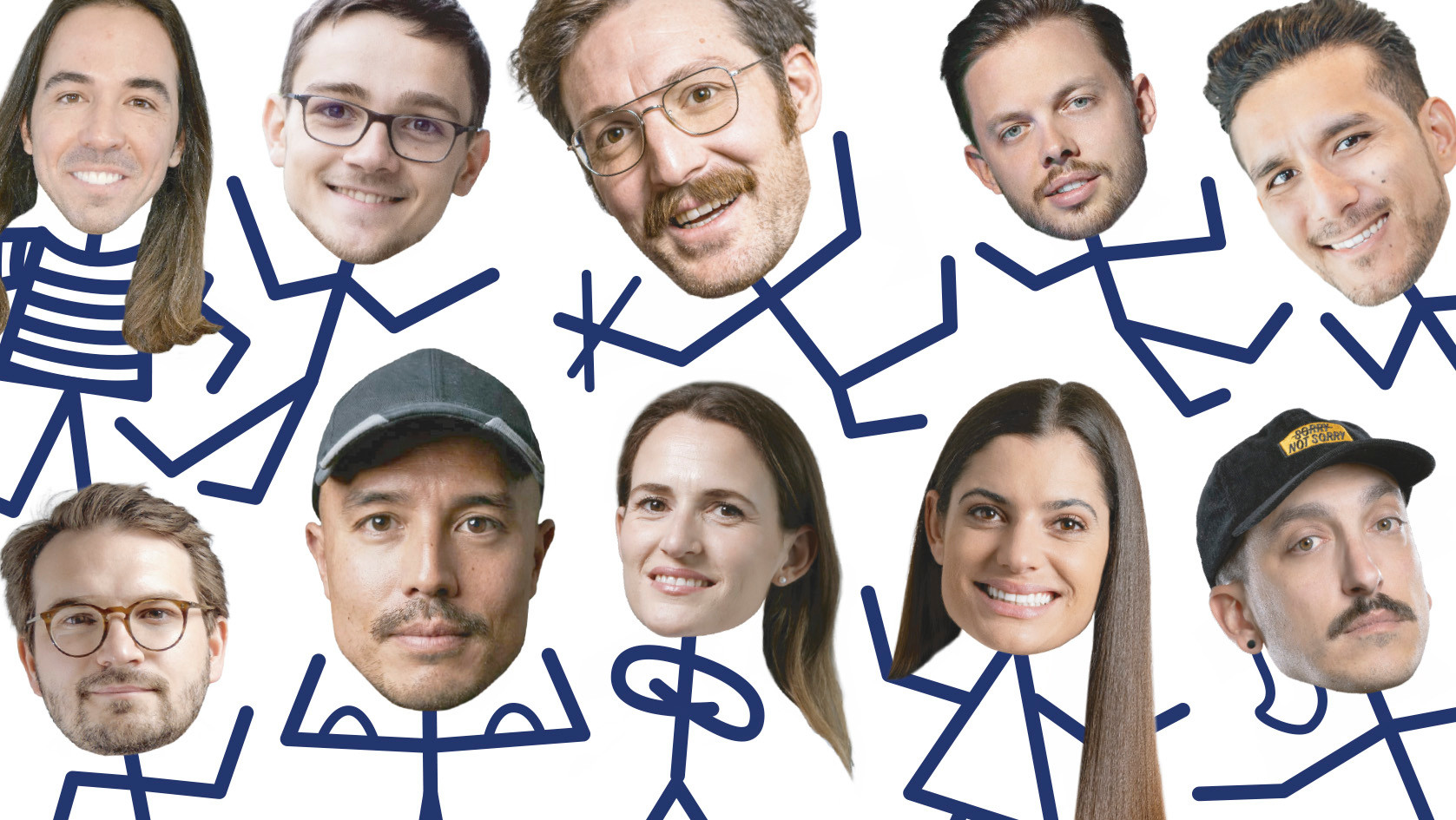 Montage ludique de visages de personnes souriantes sur des silhouettes de bonhommes allumettes bleus sur fond blanc.