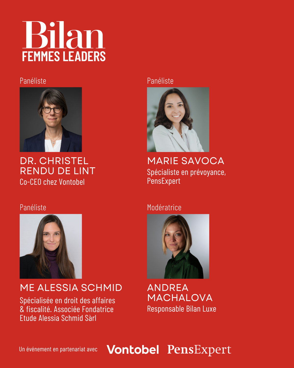 Bilan Femmes Leaders : quatre panélistes dont Dr. Christel Rendu de Lint (Vontobel), Marie Savoca (PensExpert), Me Alessia Schmid et la modératrice Andrea Machalova.